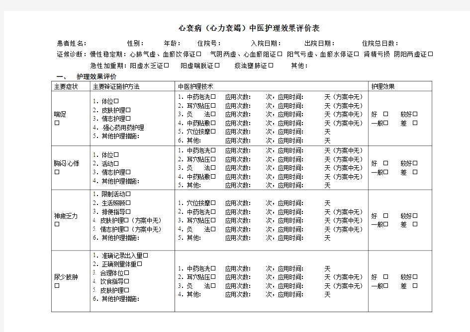 表格--心衰病(心力衰竭)中医护理效果评价表