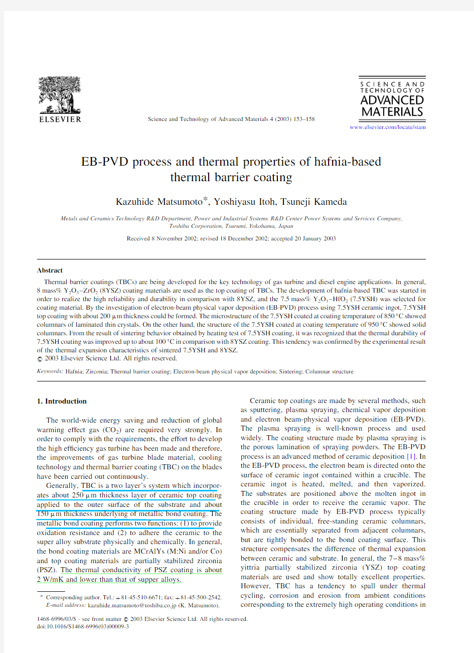 4. EB-PVD process and thermal properties of hafnia-based thermal barrier coating