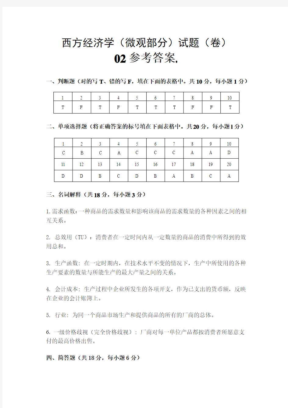 西方经济学(微观部分)试卷02参考答案