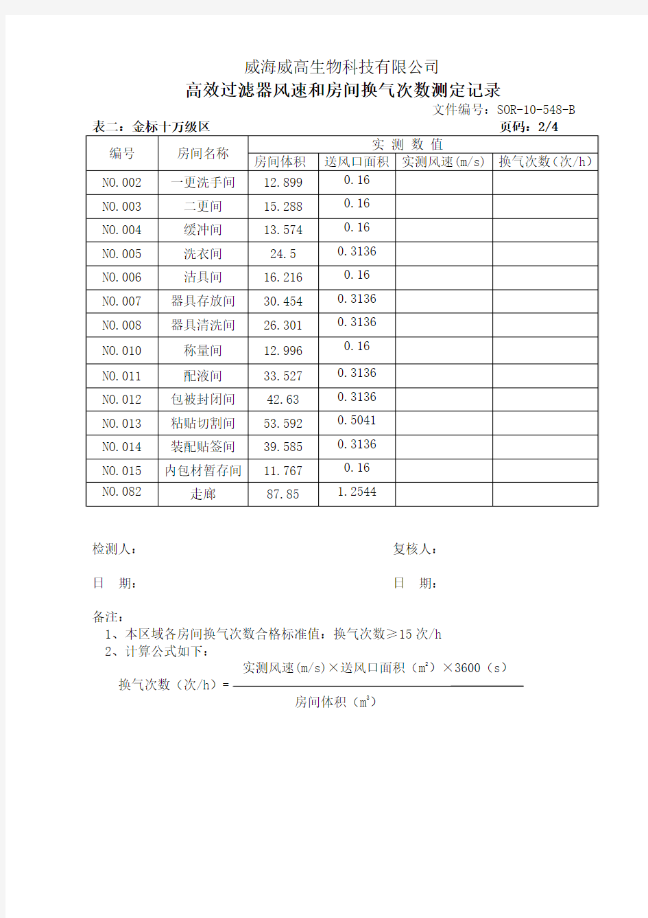 高效过滤器风速和房间换气次数测定记录