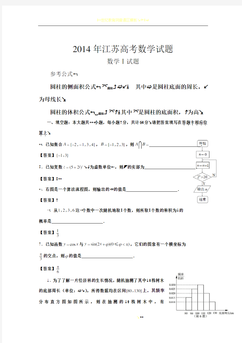 2014年全国高考江苏省数学试卷及答案【精校版】