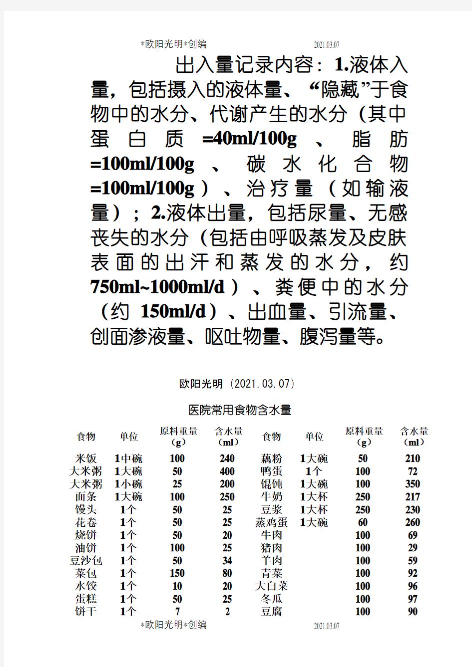 2021年医院常用食物含水量表