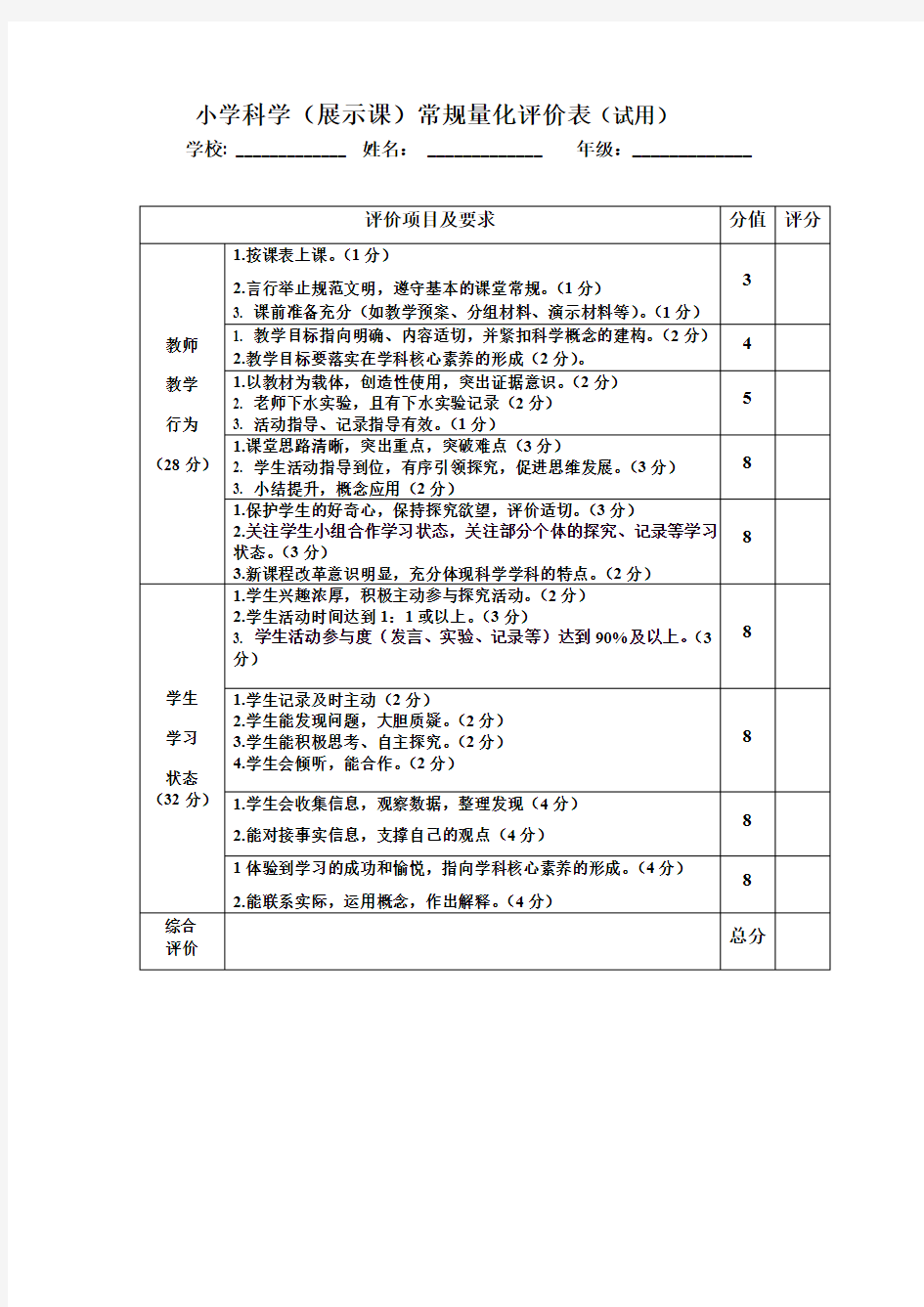 实验小学科学(展示课)常规量化评价表