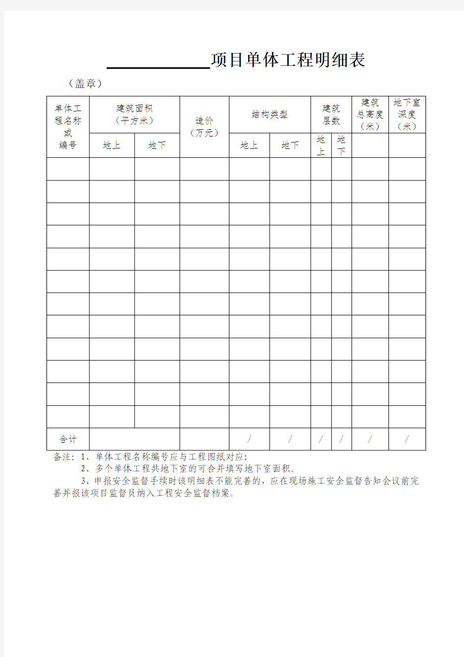 建设工程项目单体工程明细表