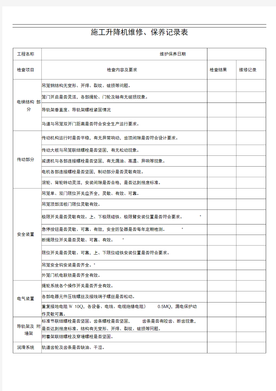 施工升降机维修保养记录表2