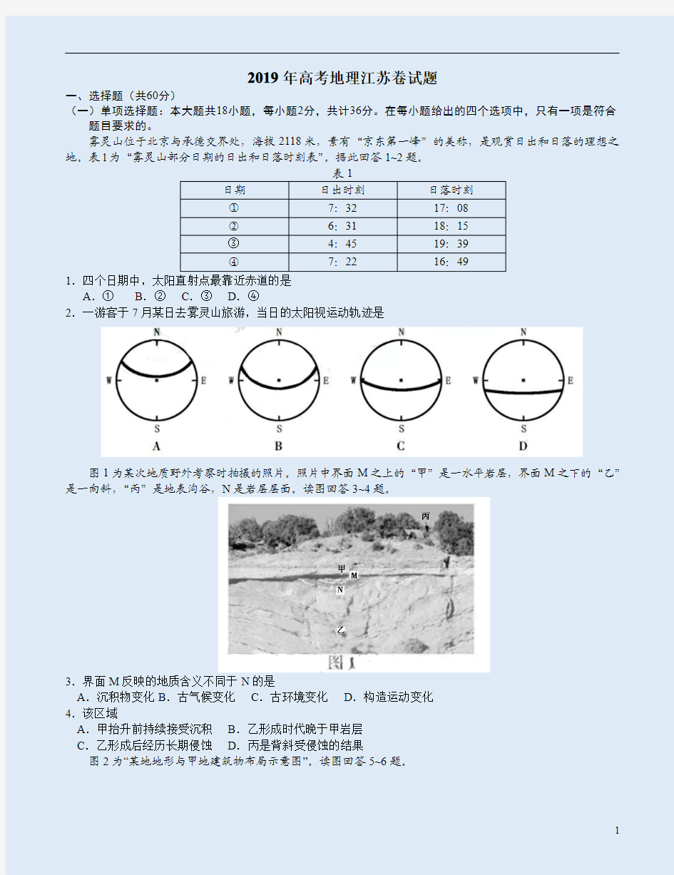 2019年高考地理江苏卷试题附详解