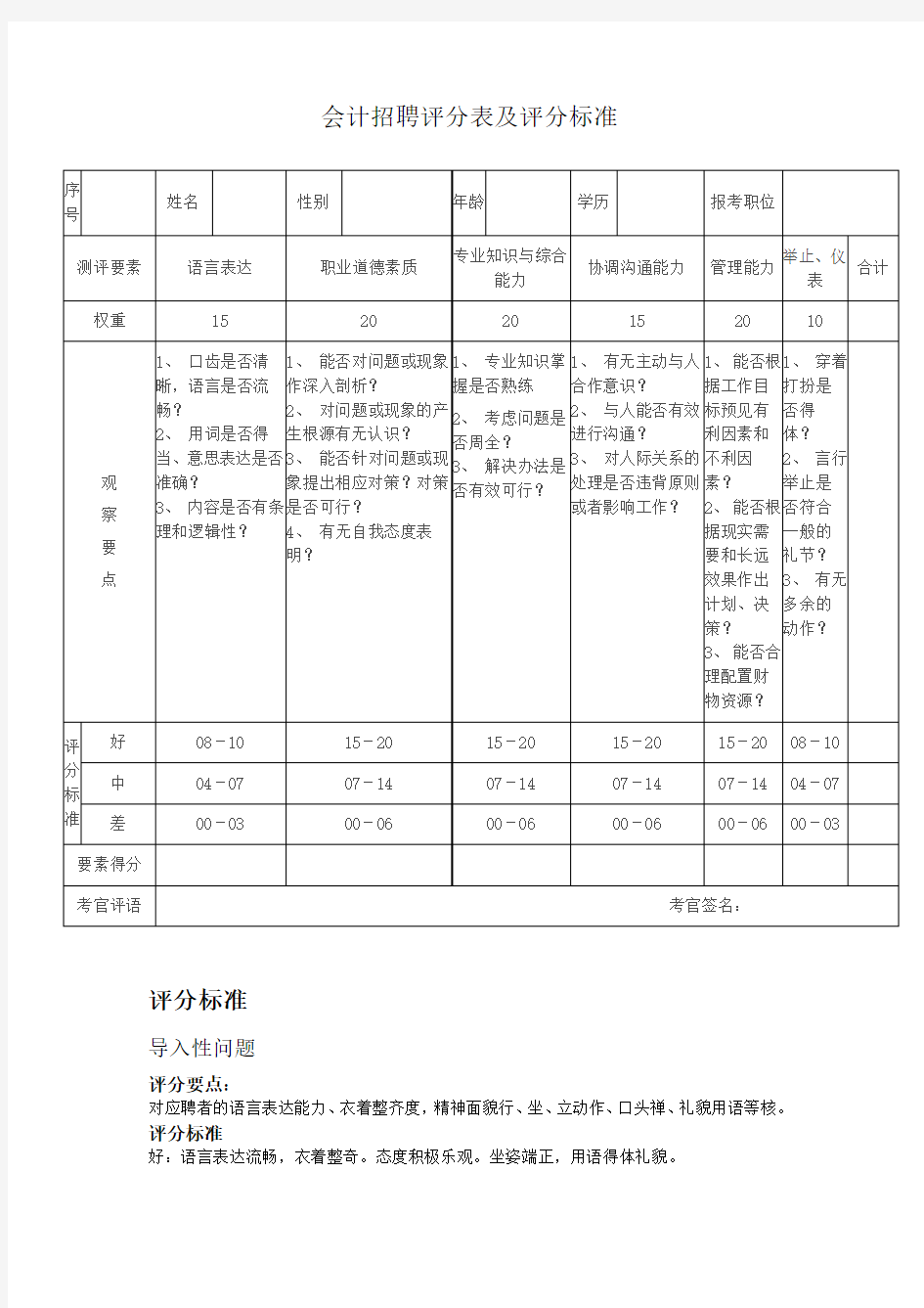 会计面试评分表