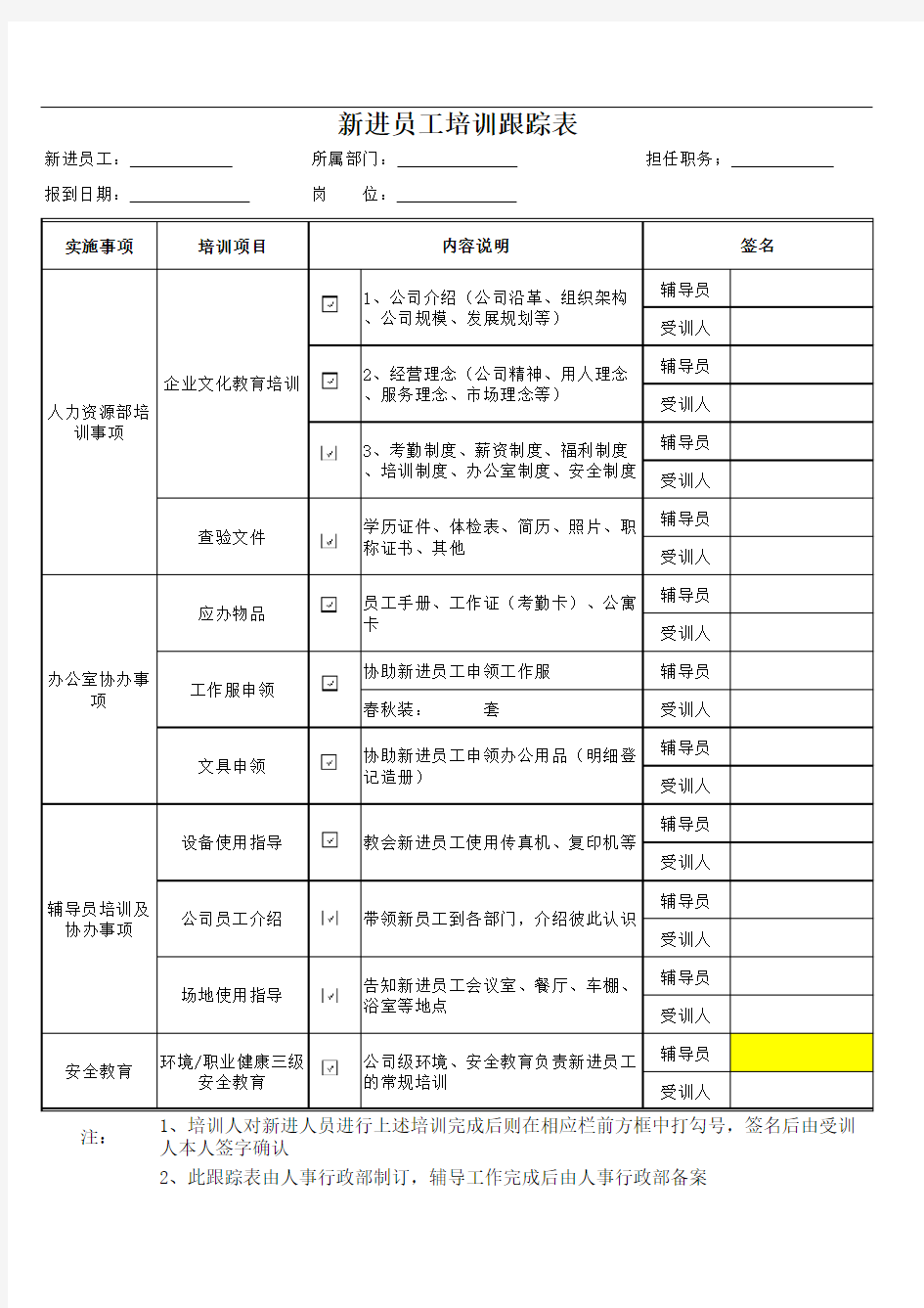 生产部新员工培训记录表(全套)