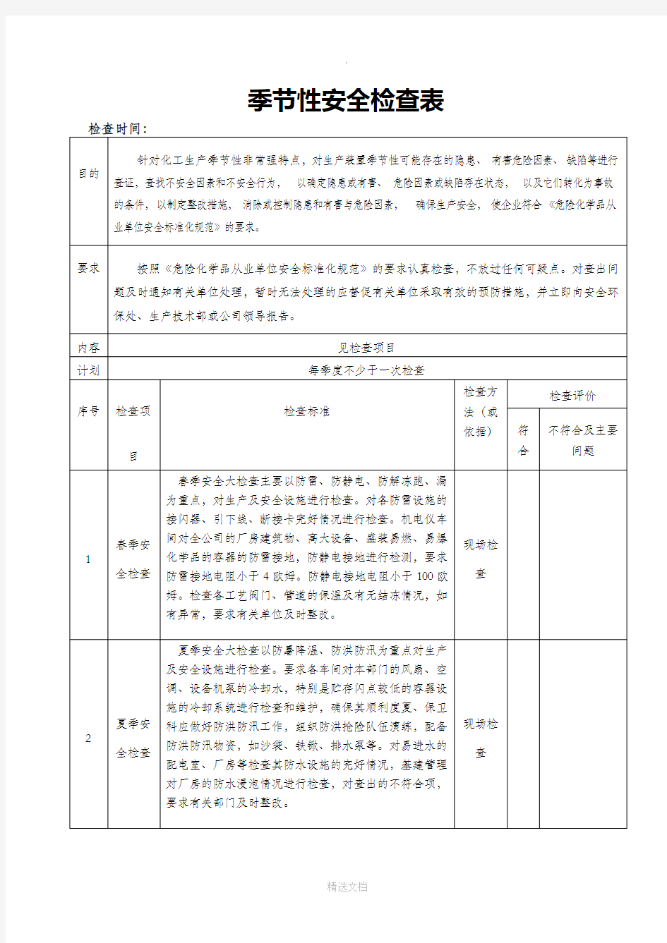 季节性(四季)检查表