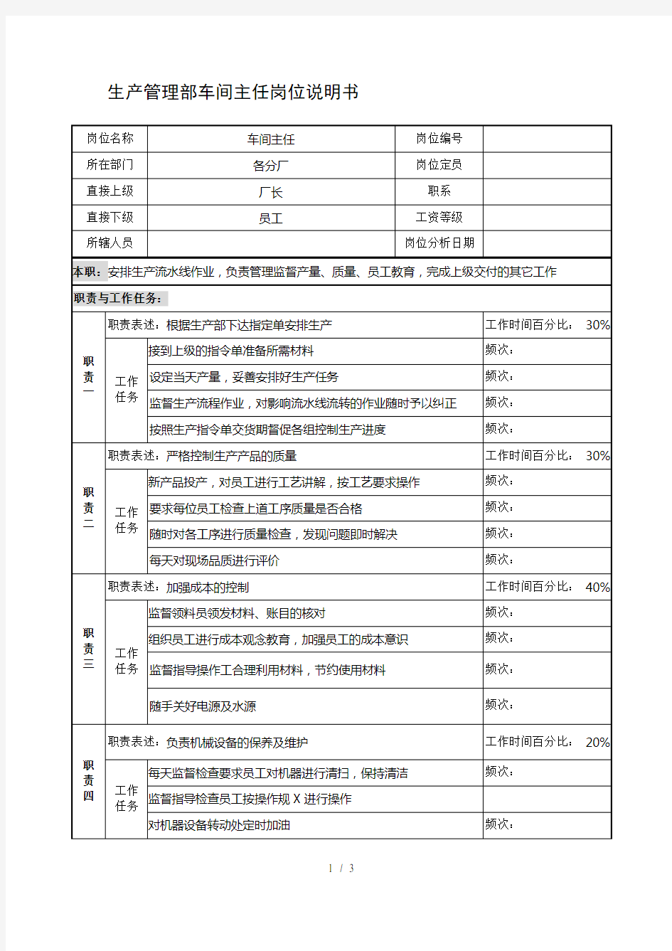 制鞋企业生产管理部车间主任岗位说明书.