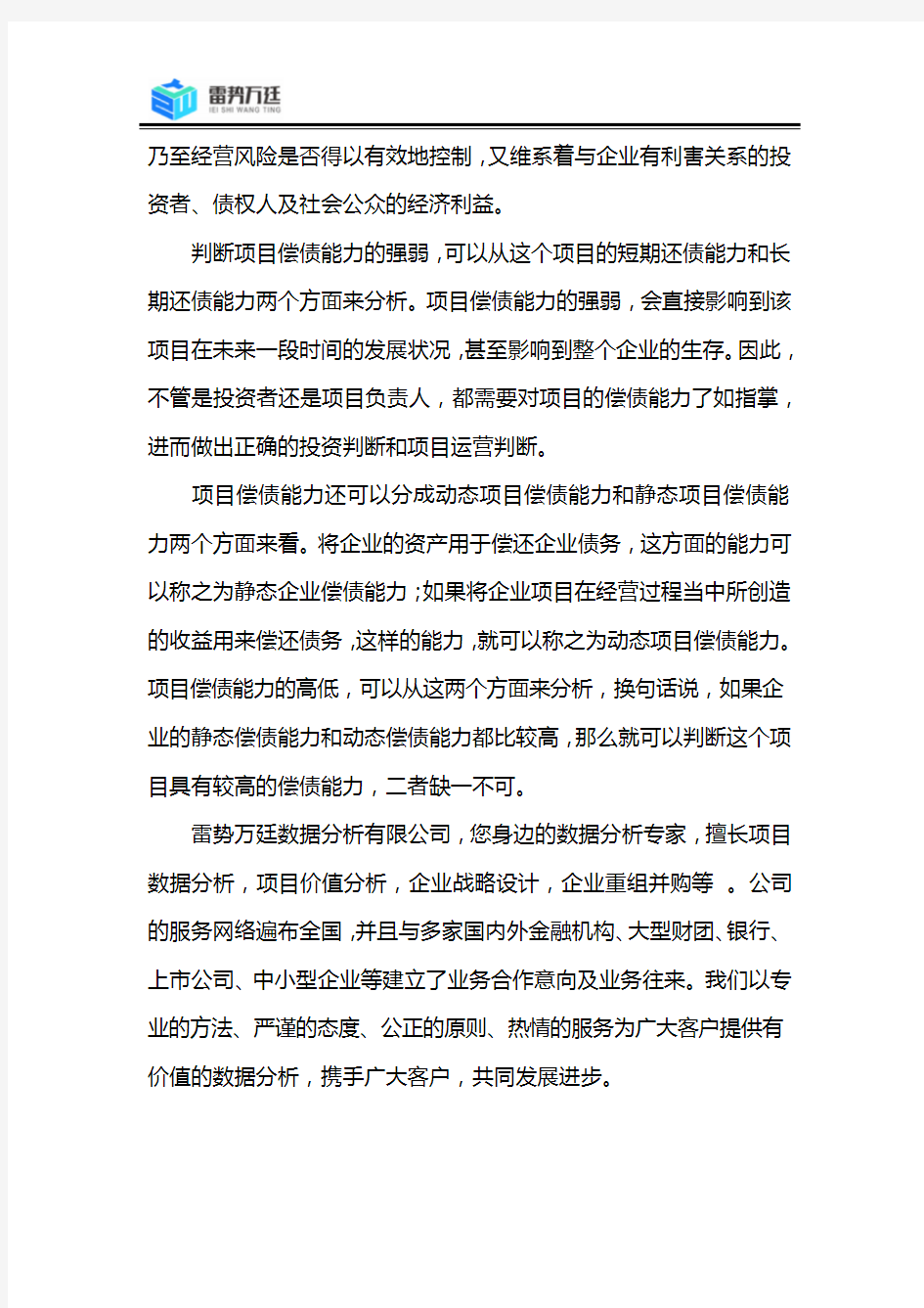 项目股权投资价值及偿债能力综合分析报告