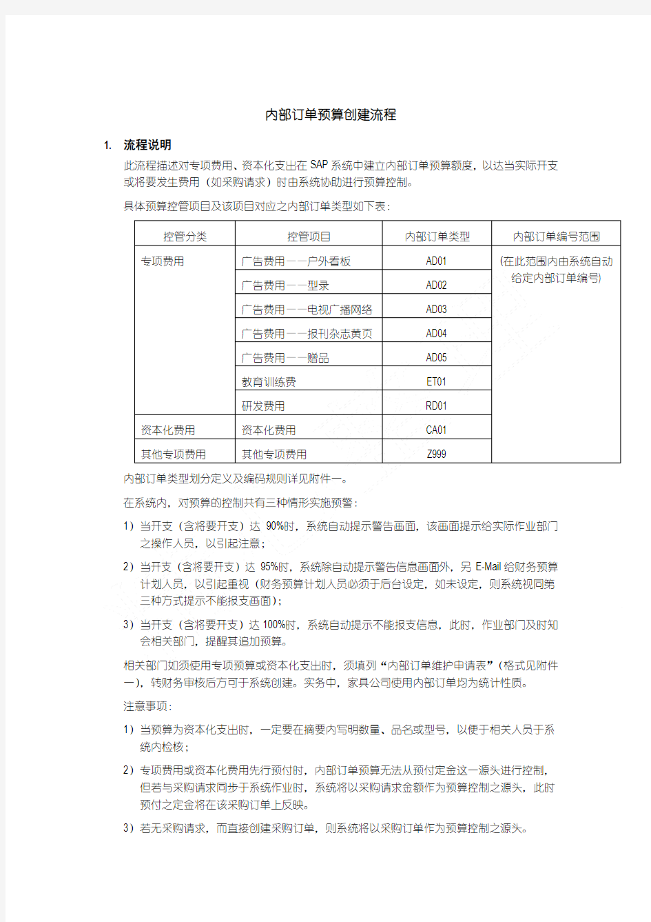 内部订单预算创建准则规程