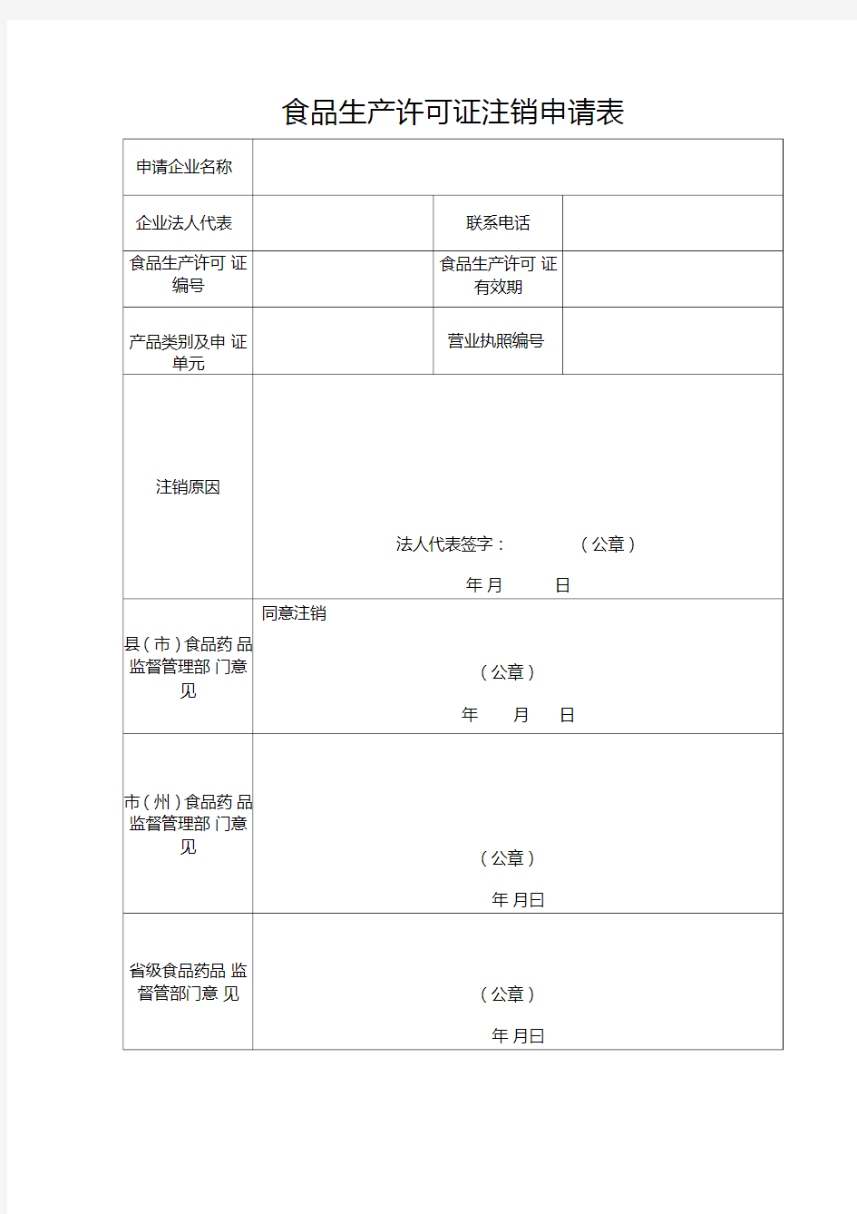 食品生产许可证注销申请表