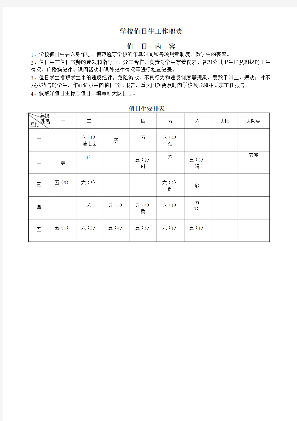 学校值日生工作职责