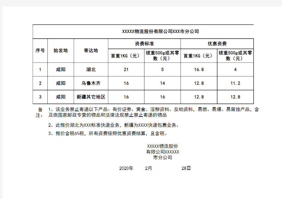 快递报价单模板