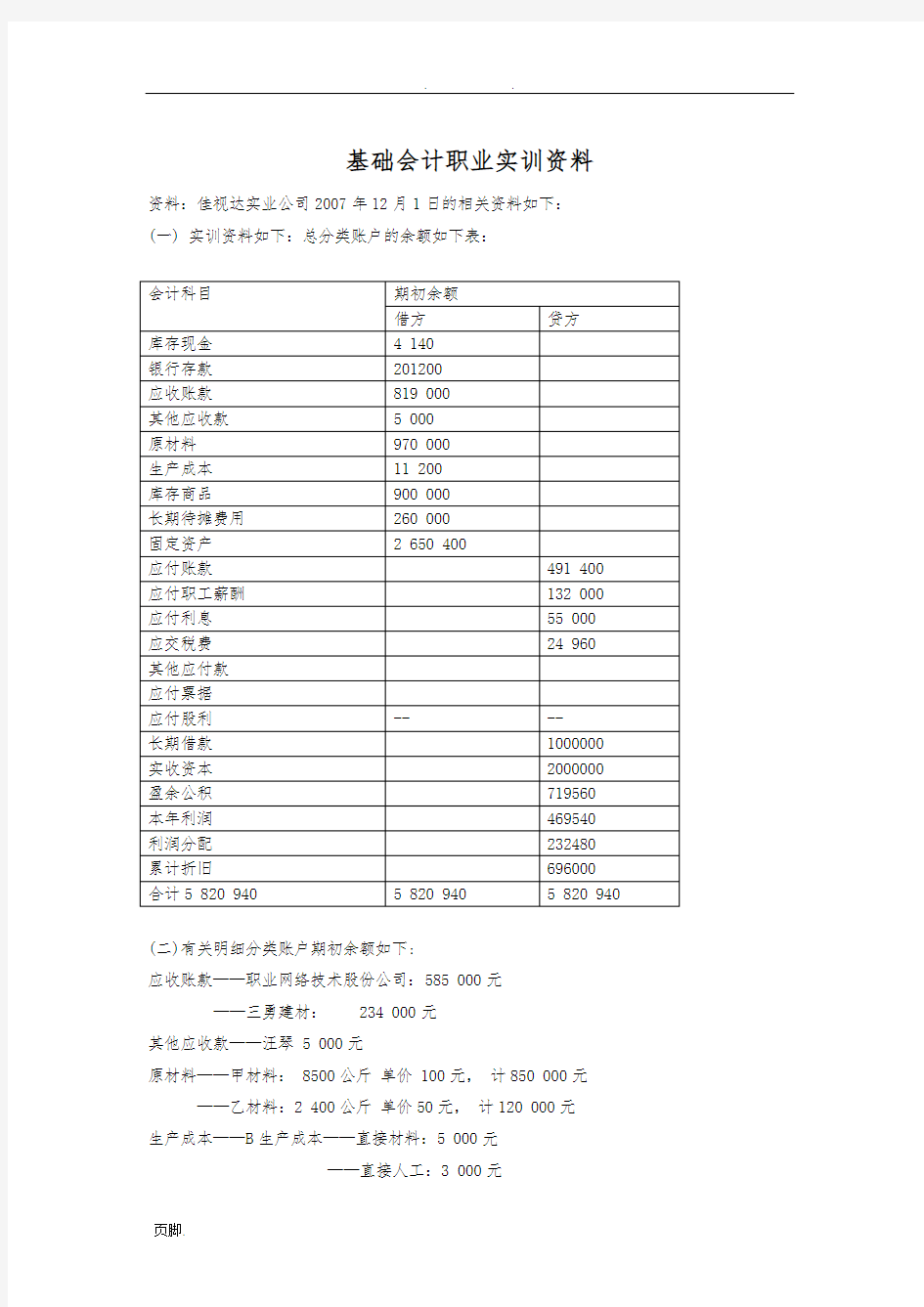 基础会计实训资料及答案