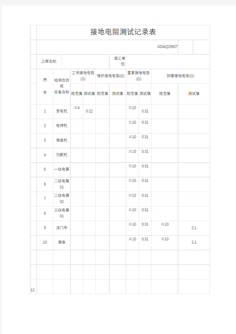 接地电阻测试表范例