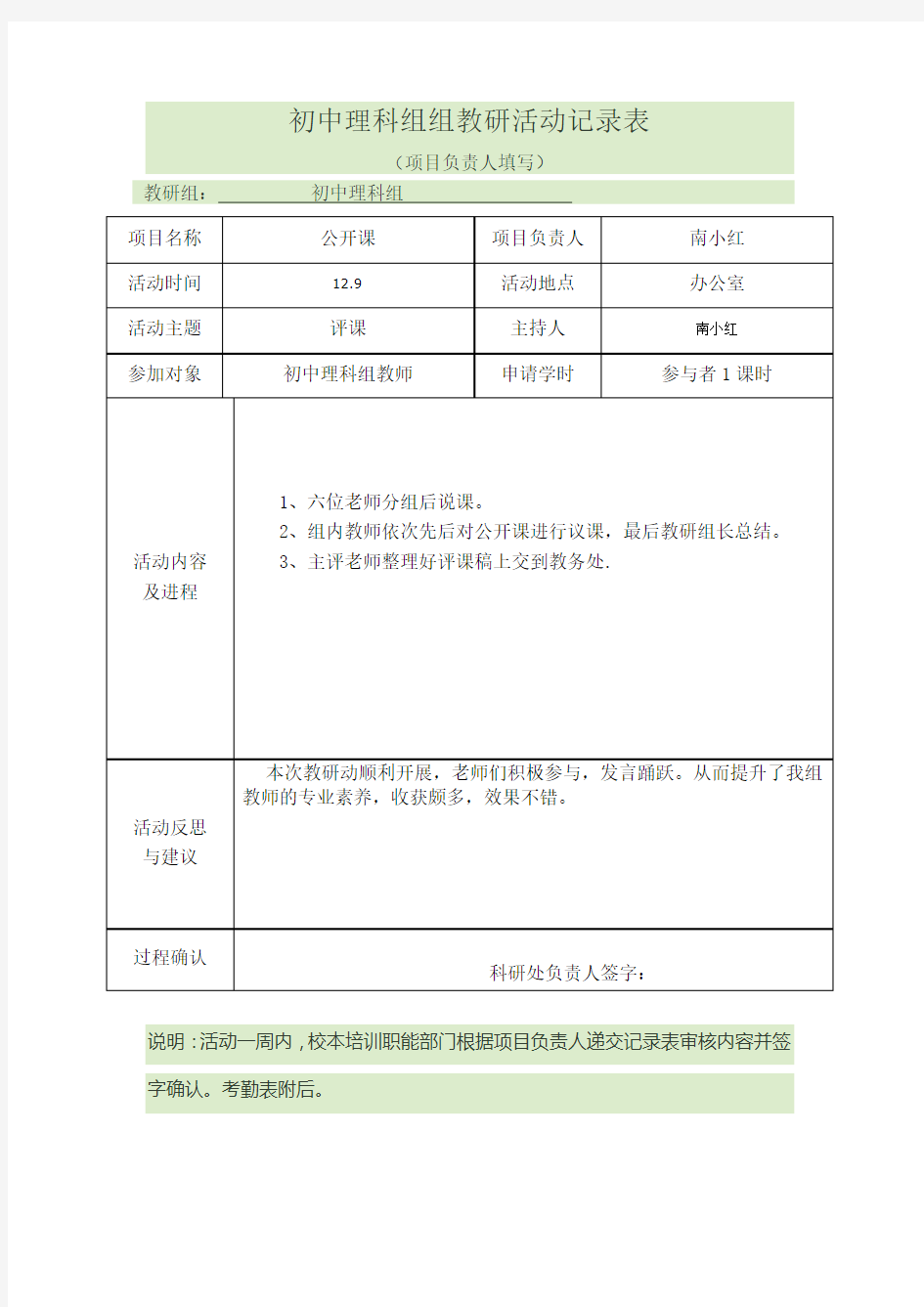 初中理科组组教研活动记录表