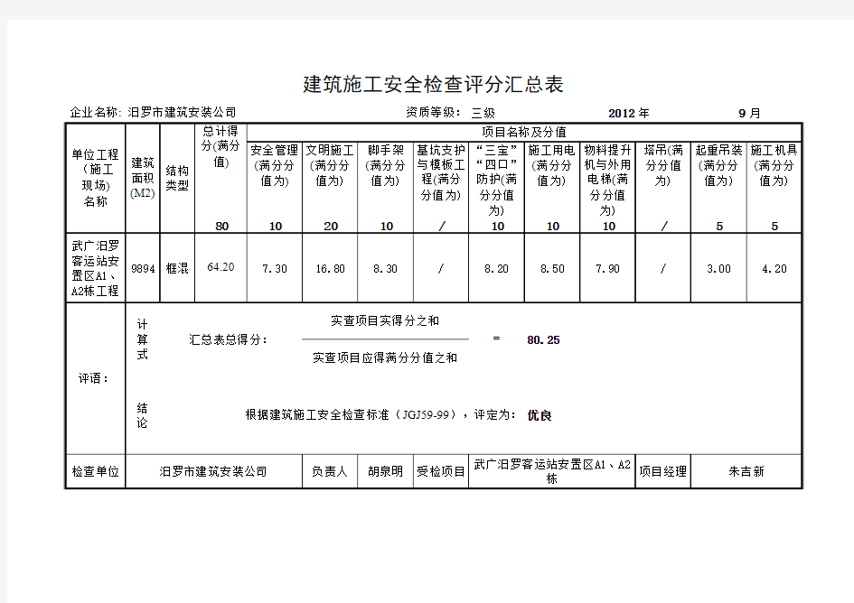 安全检查评分表——自动计算