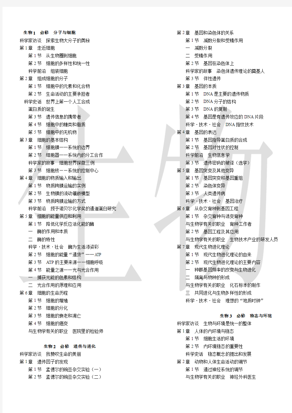 人教版高中生物教材目录(2011-2013辽宁省适用  分栏紧凑排版有生物水印便于打印)