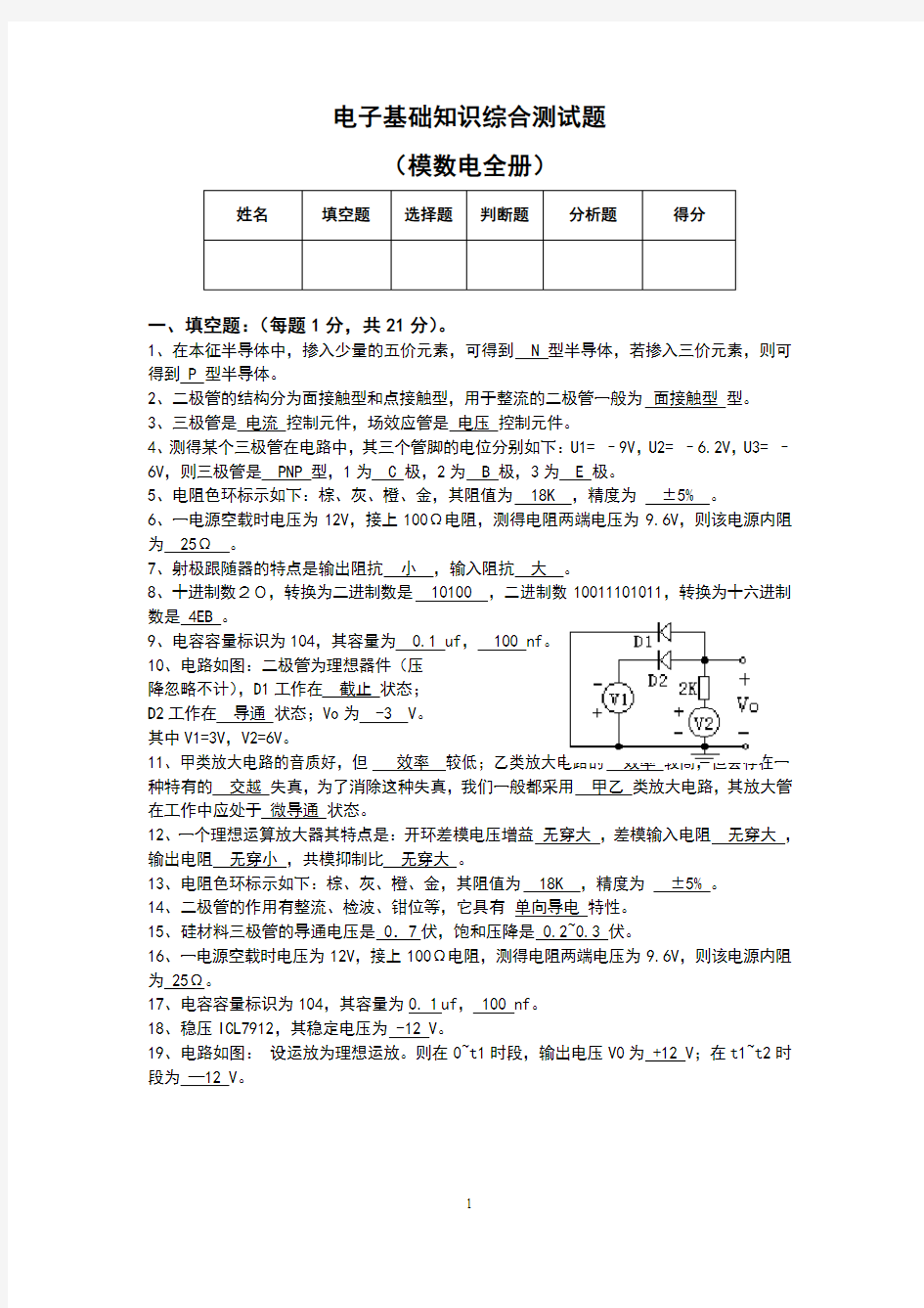 电子基础测试题综合测试(答案)