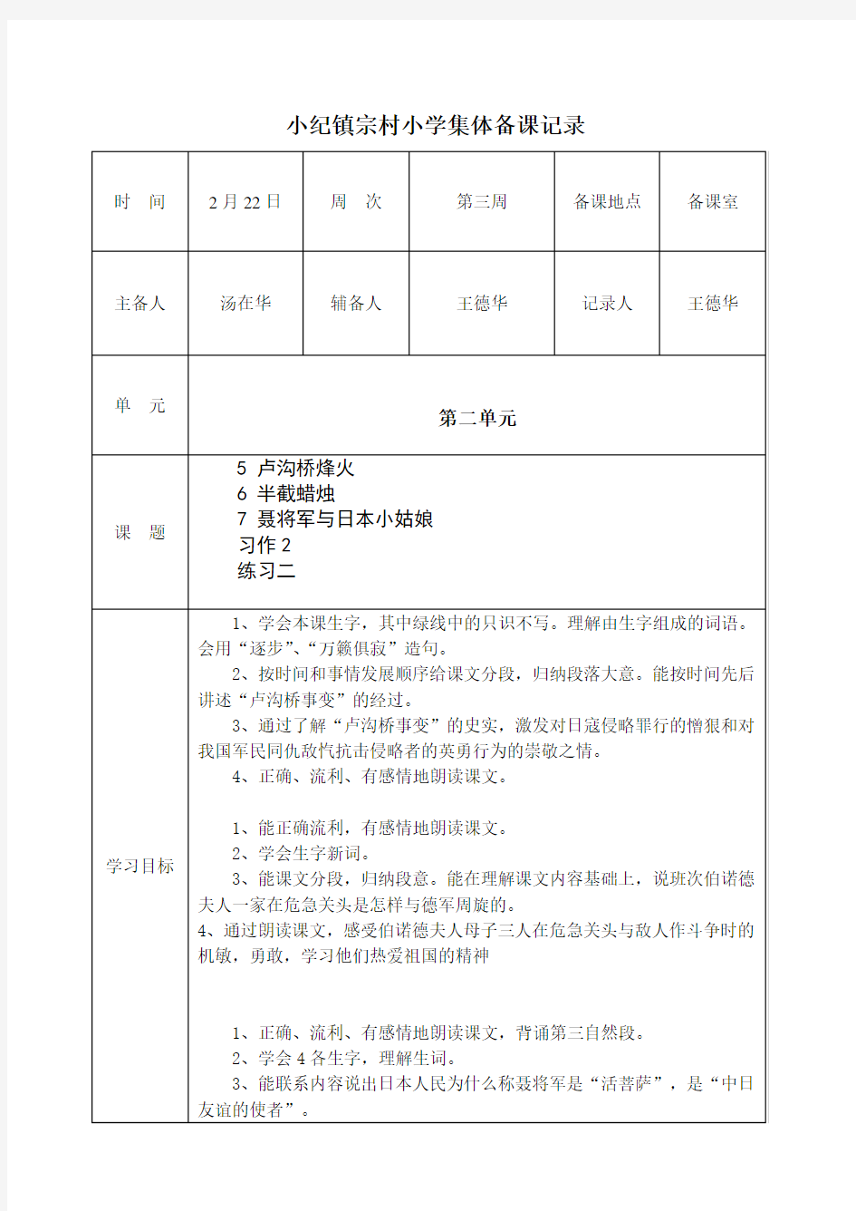 六年级语文下册集体备课记录