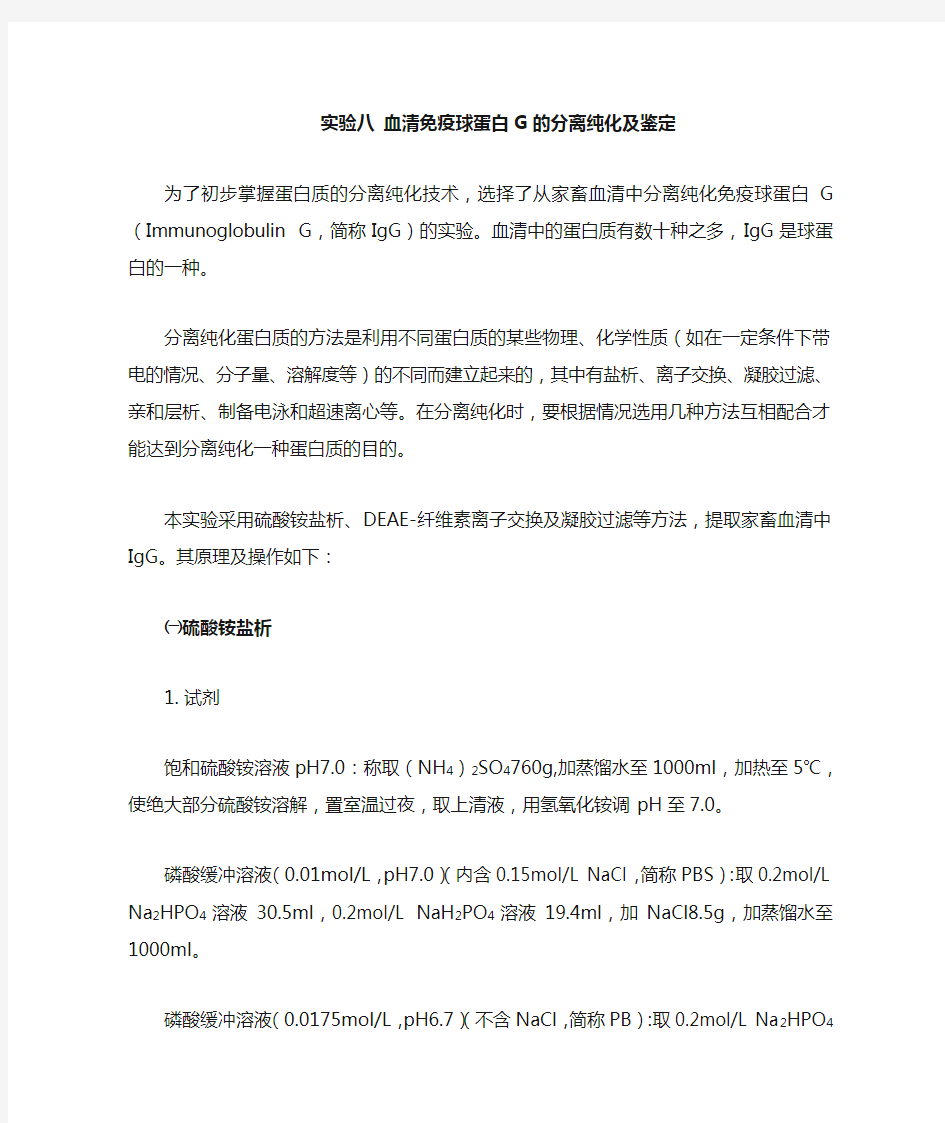 血清免疫球蛋白G的分离纯化及鉴定