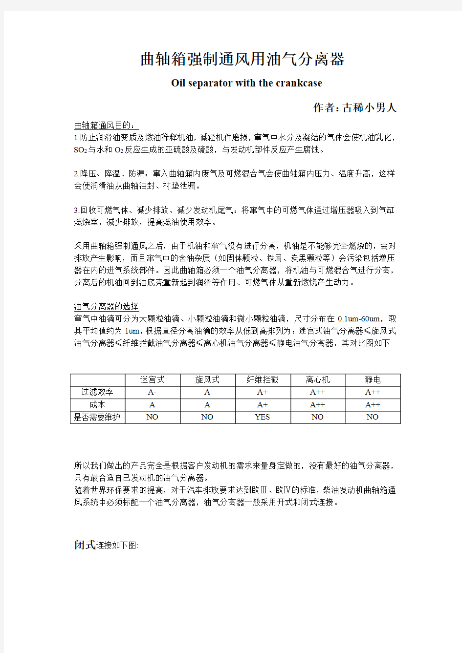 曲轴箱强制通风用油气分离器介绍