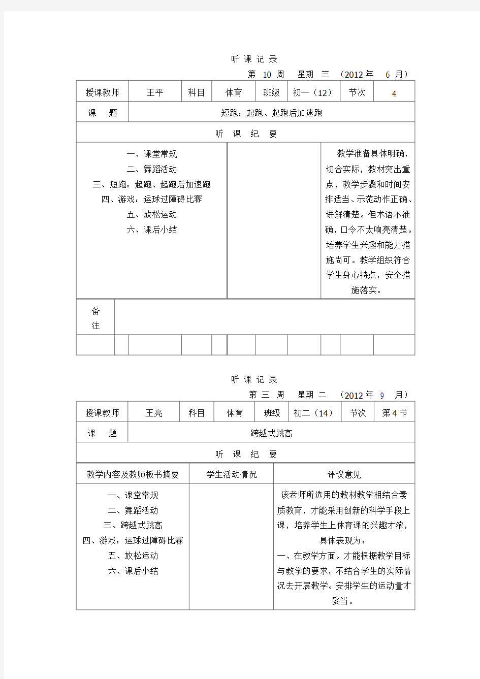 高中体育实习听课记录12篇