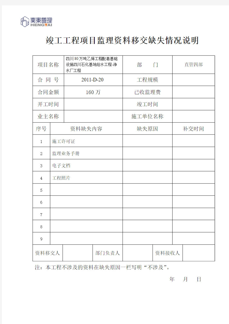 附表4：竣工资料移交缺失情况说明