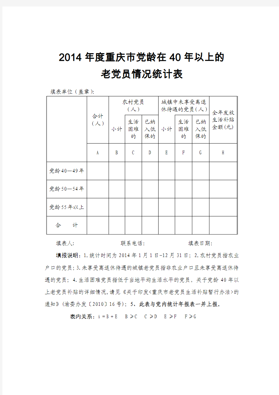 党龄在40年以上的老党员情况统计表