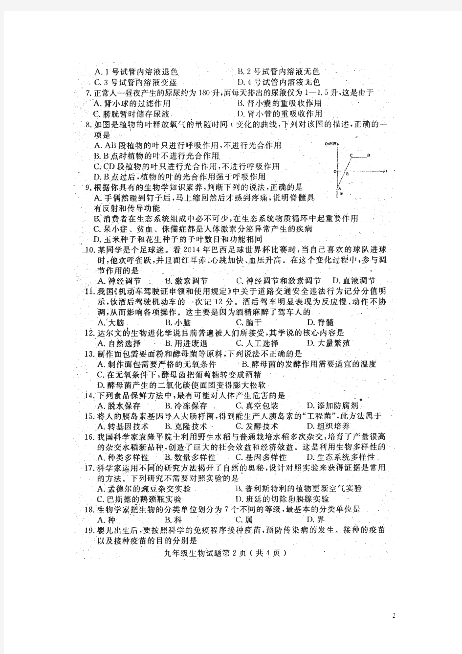 山东省曹县2015届九年级生物4月教学质量检测(一模)试题