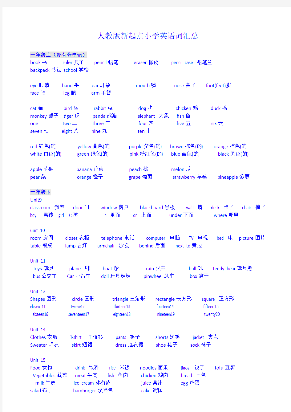 人教版新起点小学英语(词汇)1-6年级(最新整理)