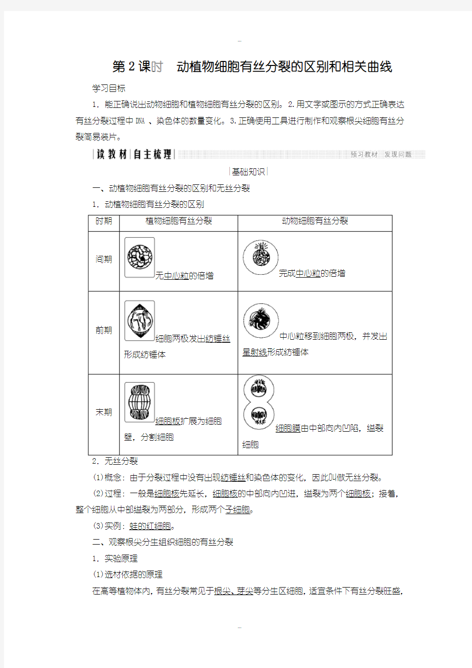 2019-2020年人教版高中生物必修一学案：6.1.2 动植物细胞有丝分裂的区别和相关曲线含答案