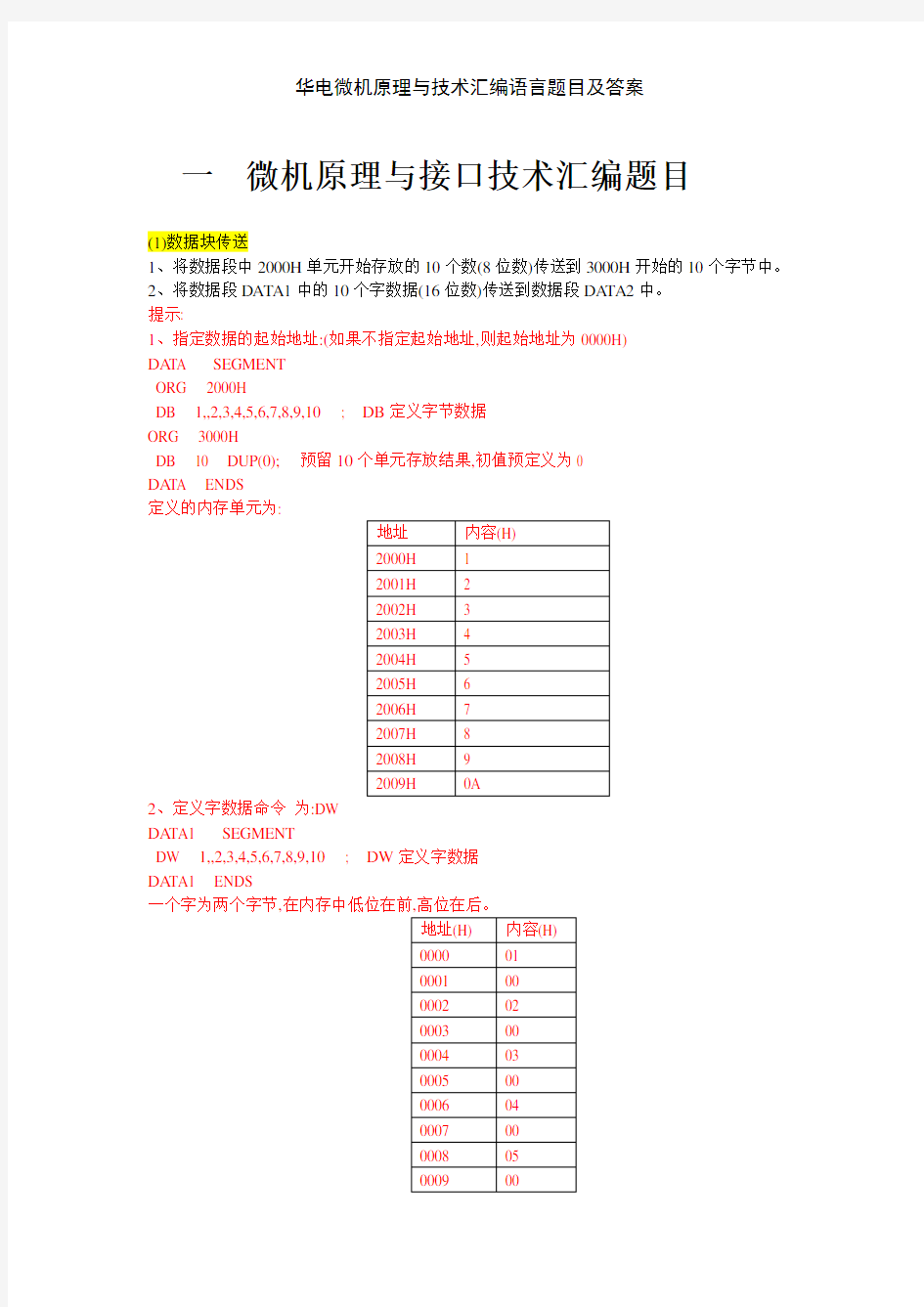 华电微机原理与技术汇编语言题目及答案