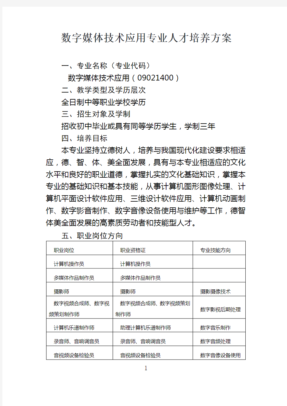 数字媒体技术应用专业人才培养方案