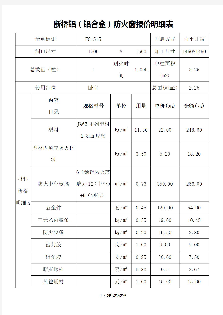 断桥铝(铝合金)防火窗报价明细表