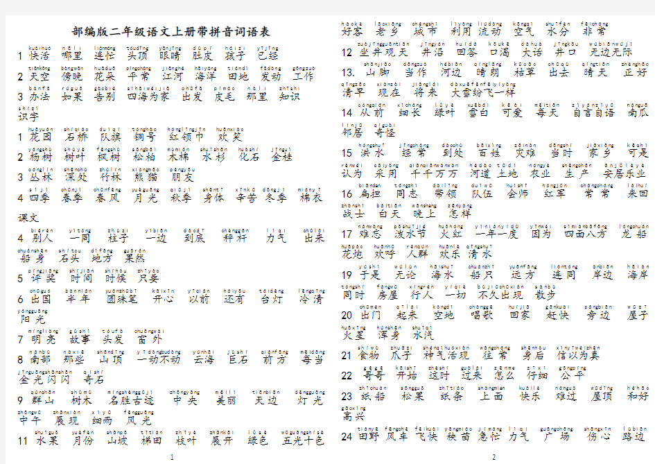 最新部编版小学二年级语文上册带拼音词语表