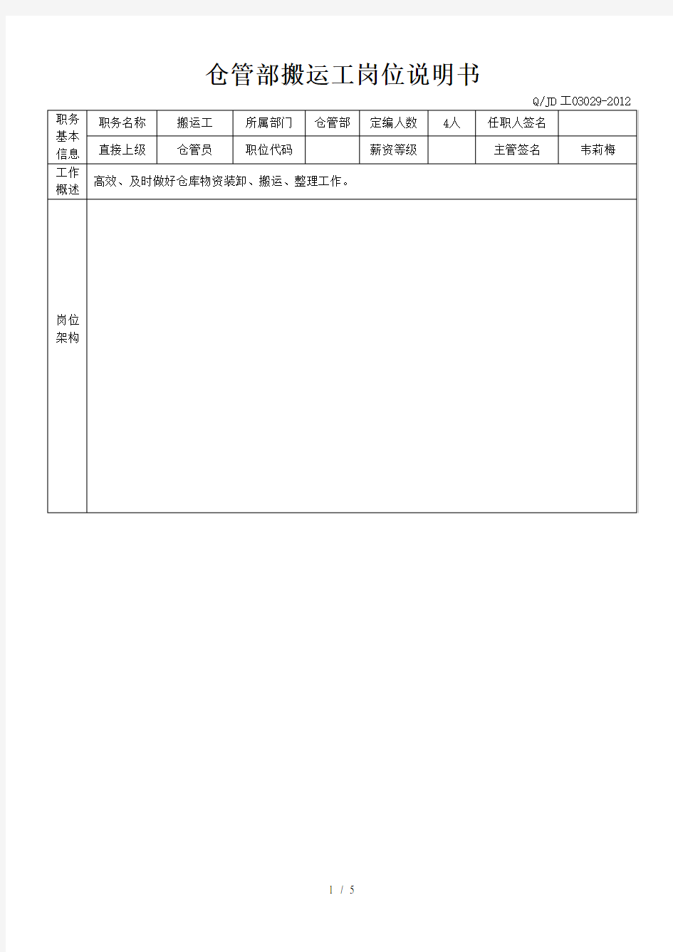 搬运工岗位详细说明书(整理版)