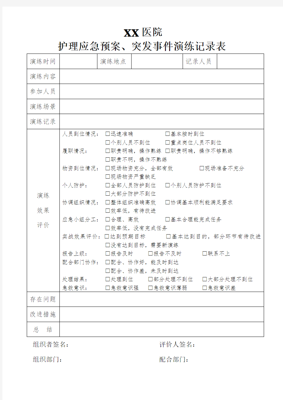 护理应急预案演练记录表