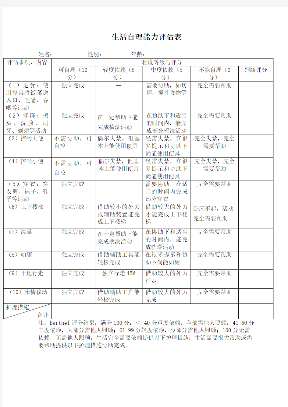 生活自理能力评估表完整版