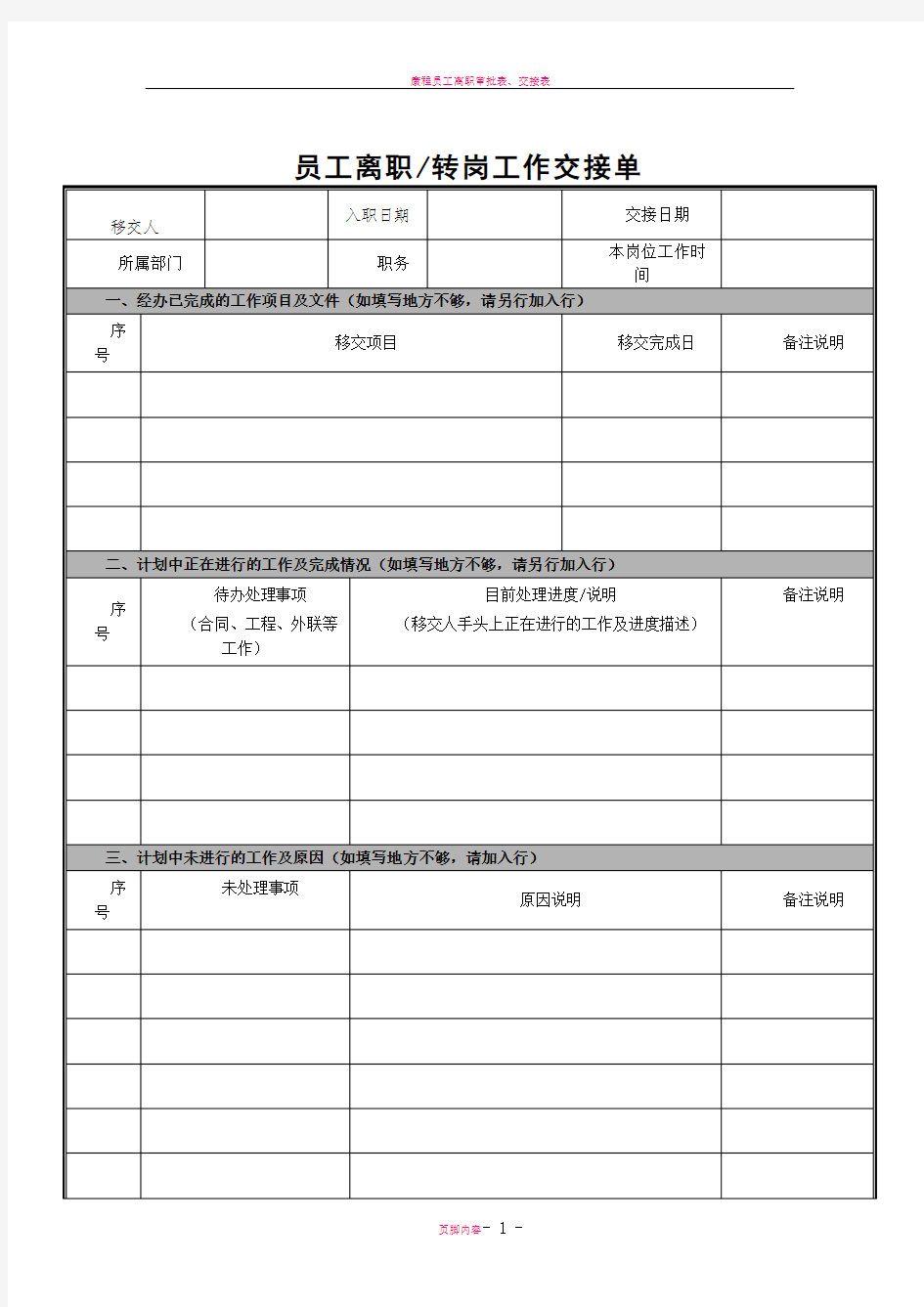 员工离职工作交接单