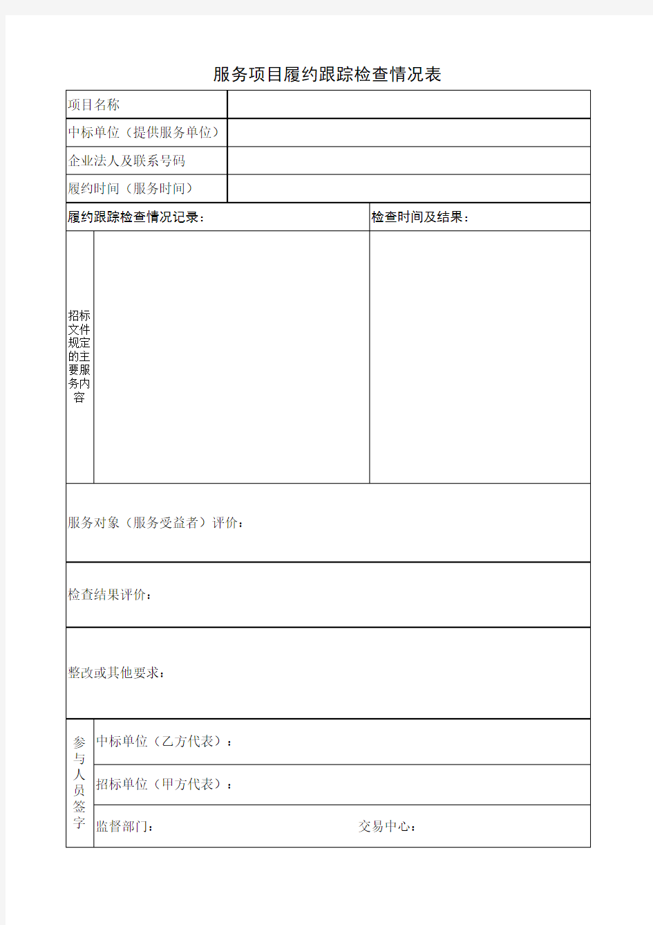 服务项目履约跟踪检查表