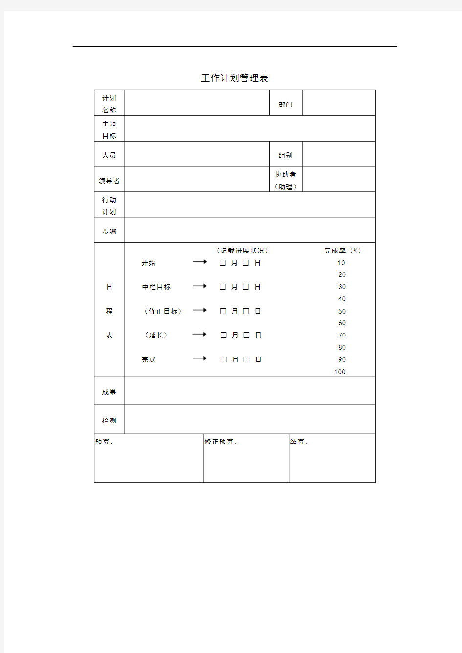 工程项目管理表格：工作计划管理表