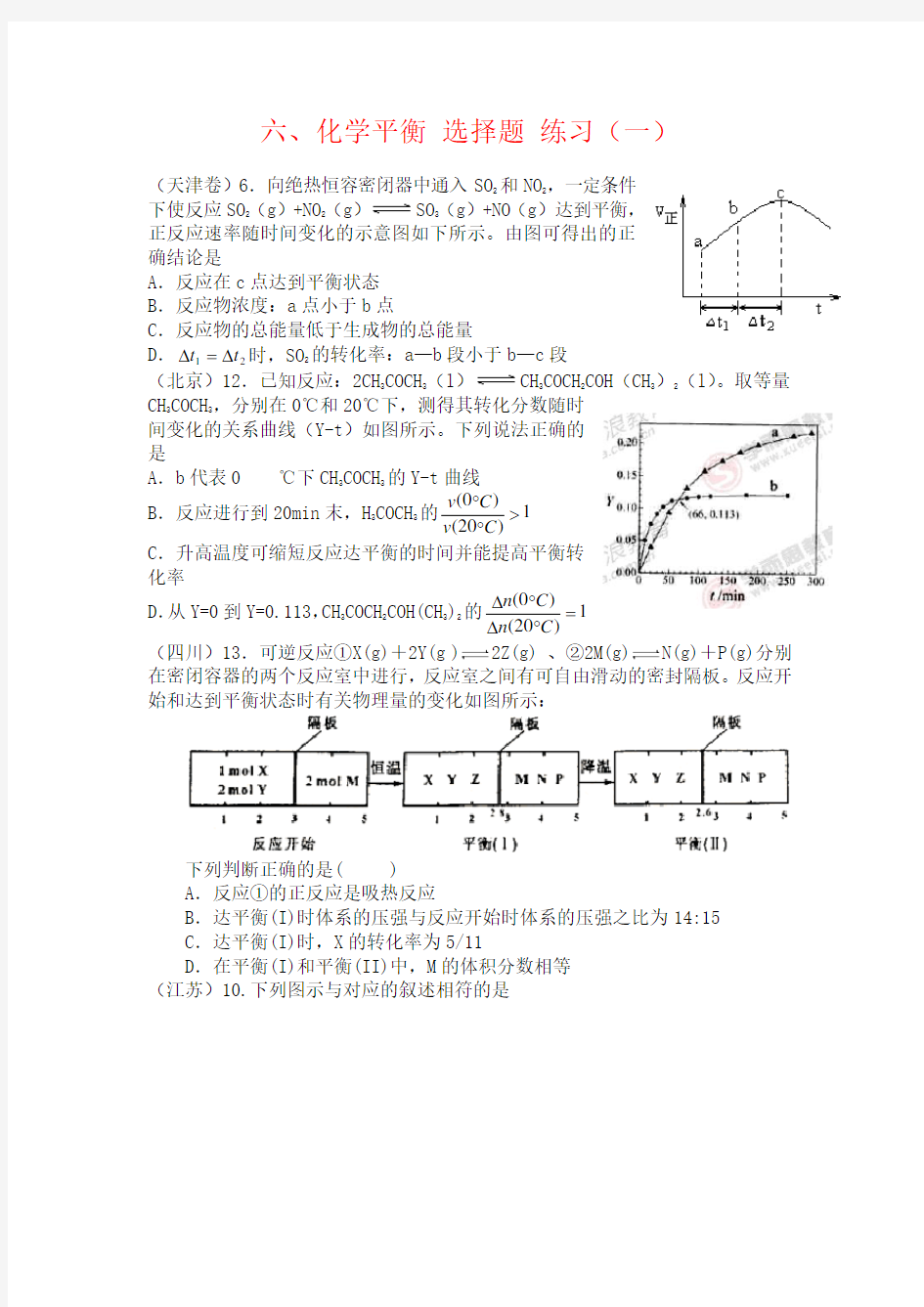 【精品】2021年高中化学历年高考题分类汇编6、化学平衡-选择题-练习