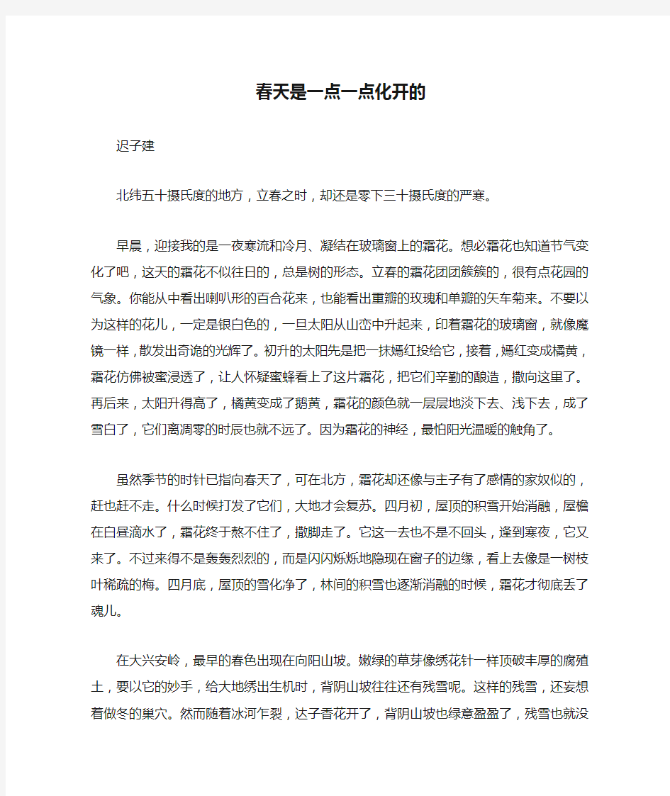 迟子建《春天是一点一点化开的》阅读训练及答案