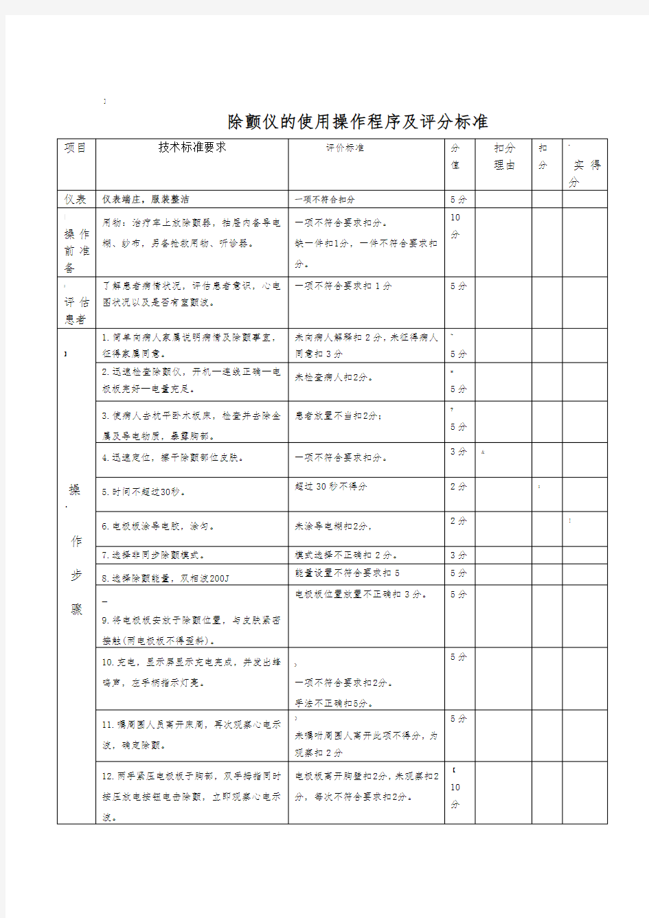 除颤仪的使用操作程序及评分标准