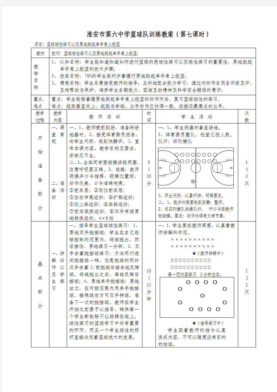 最新初中体育篮球教案