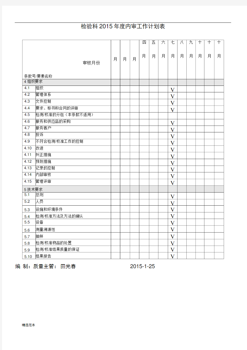 检验科年度内审工作计划表