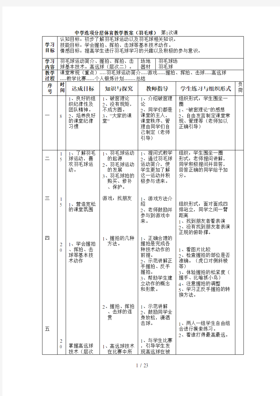 中学选项分层体育教学教案(羽毛球)